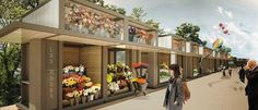 an artist's rendering of a flower shop on the side of a road with people walking by