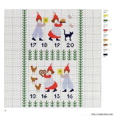 a cross stitch pattern with two birds and roosters on the same side, one bird is