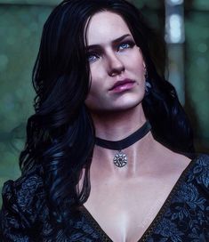 a woman with long black hair and blue eyes wearing a choker in the dark