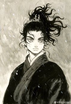 a black and white drawing of a woman wearing a kimono with her hair blowing in the wind