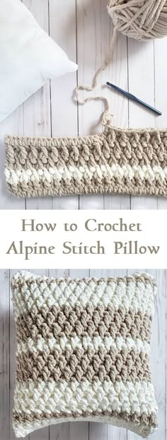 the crochet alpine stitch pillow is made with yarn