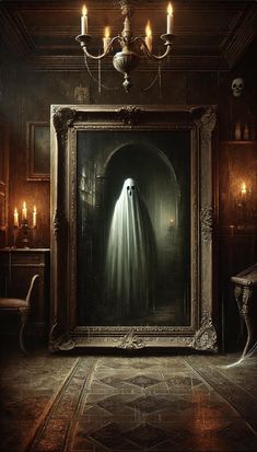 a creepy ghost in a dark room with candles on the wall and an ornate frame