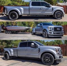 four different pictures of a silver truck with black wheels and rims on the sides