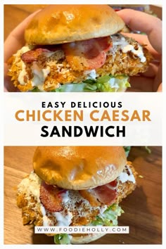 chicken caesar sandwich with lettuce, bacon and cheese on the bun is shown