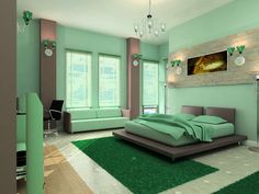 a bedroom with green walls and carpeted flooring