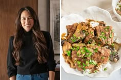 a woman standing in front of a plate of food and another photo of her smiling