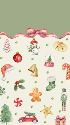 watercolor christmas stickers are displayed on a white background with green and red decorations