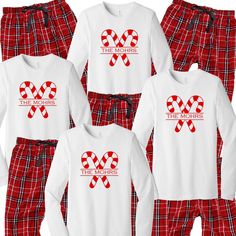 Personalized Candy Cane Pajamas - Sold Individually Includes 1 tee and flannel with the candy cane logo and name in inside. Make selections from the drop-down menu. Add as many to your cart as you like. Perfect for a cozy warm holiday weekend or fun family ski trip. These pajamas are unisex. * 100% Cotton Flannel Bottoms and Luxe Cotton Tee * Wash Cold, Tumble Dry Low * Set Long Sleeve Jammie T-Shirt with Candy Cane design and matching flannels * Unisex Sizing provides comfortable fit for all * Candy Cane Christmas Pajamas, Holiday Matching Long Sleeve Sets, Family Matching Christmas Sets For Pajama Party, Matching Christmas Holiday Sets, Family Matching Sets For Christmas Pajama Party, Family Matching Christmas Bedtime Sets, Red Family Matching Holiday Sleepwear, Family Matching Sets For Holiday Pajama Party, Holiday Long Sleeve Sleepwear For Pajama Party