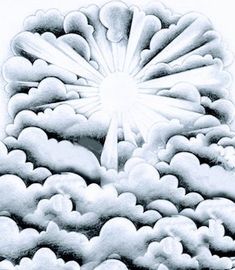 an artistic drawing of clouds with a sun in the middle