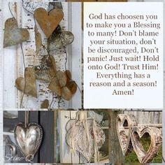 a collage of pictures with hearts hanging from the side of a door and words written on it