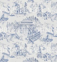 a blue and white wallpaper with many different things on it