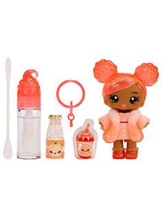 a little doll with an orange hair and pink outfit is next to a bottle, spoon, and keychain