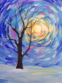 an acrylic painting of a tree with the sun in the sky behind it