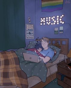 a person laying in bed with a laptop on their lap and the word music above them