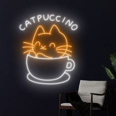 a neon sign that says cat puccino in front of a black wall with a white chair