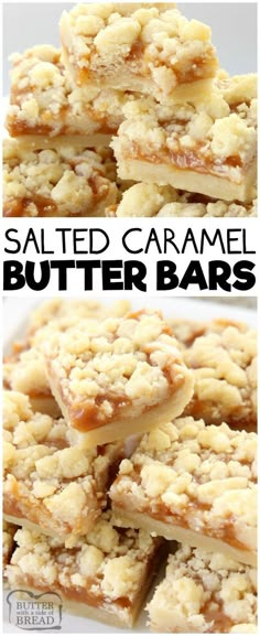 salted caramel butter bars stacked on top of each other with text overlay