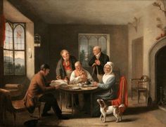 a painting of people sitting around a table with a dog in the foreground and another man standing next to them