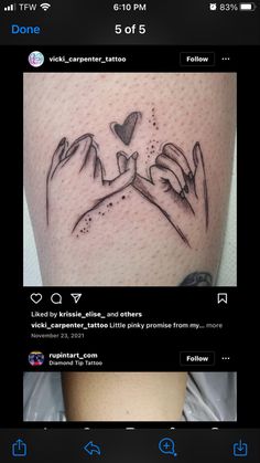 two pictures showing the same tattoo on someone's arm and one with hands holding a heart