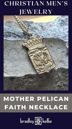 a gold necklace with the words, mother pelican's faith necklace on it