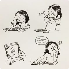 three cartoon drawings of people sitting at a table and one is using a cell phone