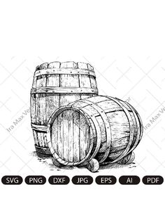 three wooden barrels with their lids open and the words svg png dxf eps