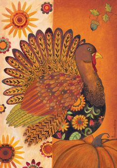 a painting of a turkey on a pumpkin with sunflowers and leaves around it