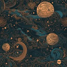 an image of planets in the sky with stars and swirls on them, as well as clouds