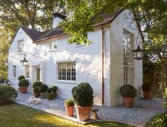 a white house with potted plants in the front yard