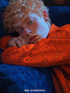 a painting of a young man with curly hair laying on a blue couch wearing an orange shirt