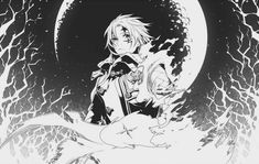 an anime character sitting on top of a wave in front of a full moon with lightnings