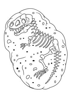 a cartoon dinosaur skeleton with its mouth open