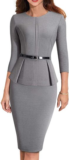 HOMEYEE Women's 3/4 Sleeve Office Wear Peplum Dress with Belt B473(4, Gray) at Amazon Women’s Clothing store Trendy Office Outfits, Office Dresses For Women, Body Con Dress, Grey Dress, Office Dresses, Business Dresses, Business Attire, Dress Suits, Pencil Dress