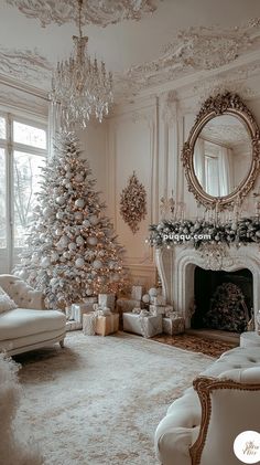 a living room decorated for christmas with white furniture and a large tree in the corner