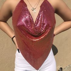 New Red Metallic Backless Halter Top With Inner Lining. One Size Glamorous Red Top For Party, Glamorous Red Top For Club, Glamorous Red Tops For Party Season, Glamorous Red Top For Party Season, Red Tops For Summer Party, Red Spring Party Halter Top, Red Halter Top For Summer Parties, Trendy Red Top For Festival, Trendy Red Halter Top For Spring