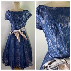 Vintage 1950s? Blue Floral Lace Net Crinoline Short Sleeve Overlay Dress Cupcake. Excellent Condition Aside From Some Unraveling Of Bottom From Them, Some Flawed Seaming At One Shoulder, And Some Discoloration On Bow And Innermost Lining. There Are Three Layers: Outer Lace Layer, Middle Tulle Layer, And Bottom Fabric Layer! Please Note That There Is No Size, So I’m Estimating It To Be A Modern Size Small! Please Check Measurements Below Carefully! No Inner Tags Aside From Union Made Label Near Inner Bottom. Measurements: Armpit To Armpit: 15.5” Sleeves: 6” Waist: 13.5” Length: 44” Themoderngirl Retro Blue Dresses For Vintage Events, Retro Blue Dress For Vintage Events, Vintage Blue Dress For Wedding, Blue Vintage Dress For Vintage Events, Fitted Blue Vintage Dress For Wedding, Vintage Blue Dress With Lace Trim, Blue Vintage Dress With Lace Trim, Elegant Blue Vintage Dress For Vintage Events, Blue Vintage Dress For Wedding