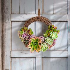 a wreath with succulents hanging on a door