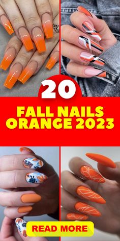 Get ready for fall 2023 with trendy orange nails. Embrace the warm and vibrant hues of the season with captivating shades of brown, gold, and black. Keep it simple and chic with short almond-shaped nails or add a touch of elegance with a French tip. Whether you prefer a subtle and natural look or want to experiment with bold and eye-catching designs, these trendy orange nails will elevate your manicure game. Black With Orange Nails, Black White Orange Nails, Orange And Black Nails Ideas, Orange Almond Nails Designs, Black And Orange Nails Ideas, Nails With Orange Design, Fall Nail Designs Orange, Orange Black And White Nails, Shades Of Orange Nails