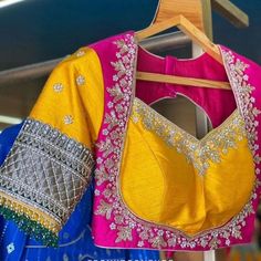 Elevate your wardrobe with our stunning Designer Zardosi Maggam Work Blouses! ✨ - Fabric : Half pattu/Raw Silk - Dispatch: 4 days - Price. : 3000unstitched - 3550stitched With customizable colors and sizes, each blouse is crafted to perfection, just for you! Don’t miss out—transform your outfit with a touch of tradition and elegance. Get yours now and stand out in any crowd! 🌸 Rajwadi Blouse Design, Ghatchola Sarees Blouse Design, Rajwadi Blouse Pattern, Double Colour Blouse Design, Patola Blouse Design Work, Silk Blouse Designs Indian, Long Blouse Designs, Model Blouse Designs, Traditional Blouse Designs