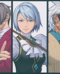 four anime characters with blue hair and white hair, one is pointing at the camera