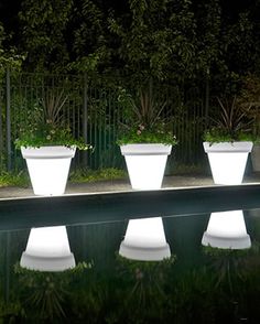 four white planters sitting on the edge of a pool at night with lights reflecting in it