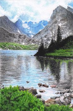 a pencil drawing of a mountain lake with rocks and grass in front of the water