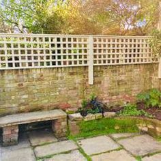 a small tree in a pot next to a brick wall with trellis on it