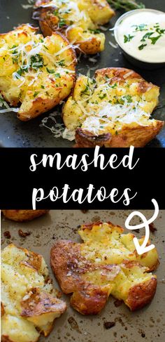 smashed potatoes with cheese and herbs on the side