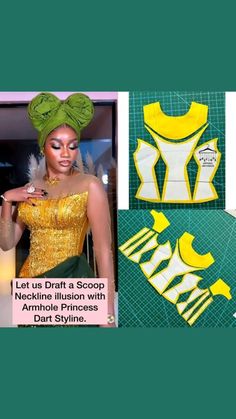 a woman wearing a yellow dress and green head scarf with the words let us draft a scoop on it