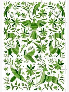 green leaves and birds are arranged in the shape of a rectangle on a white background