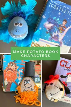 3 images circle a green box containing text reading 'Make potato book characters'. The top image shows a blue potato resembling The Christmasaurus next to a copy of The Christmasaurus by Tom Fletchers. The bottom left image shows a potato resembling Mr Gum in front of the book Mr Gum by Andy Stanton. The bottom right image shows a potato resembling Claude and part of the cover of Claude on the Slopes is visible. Decorate A Potato For World Book Day, Decorate A Potato Book Character, Potato Projects School, World Book Day Decorations, World Book Day Activities Ks2, World Book Day Crafts