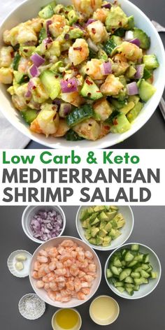 low carb and keto mediterranean shrimp salad with cucumbers in bowls