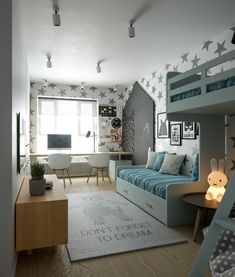 a child's bedroom with bunk beds and stars on the wall