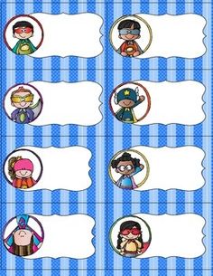 the powerpuff character name tags are shown in blue and white checkered paper