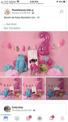 a pink and blue birthday party with balloons